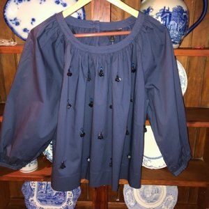 J Crew Blue Beaded Cotton Blouse
